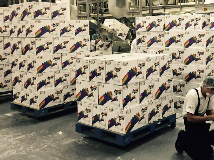 Pallets of Doritos Rainbow shipping boxes in a warehouse