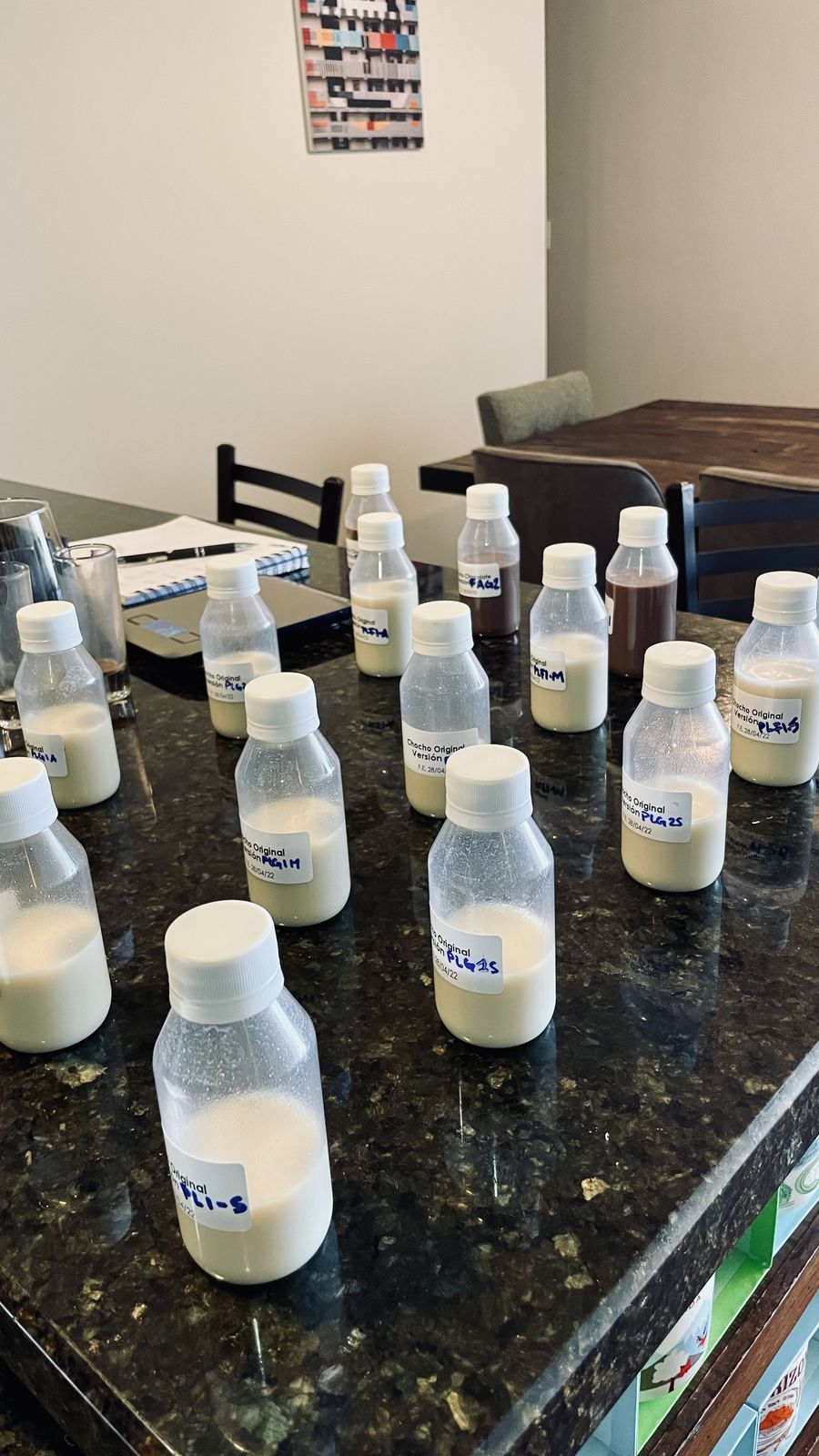 Ocho beverage formulation samples labeled for testing