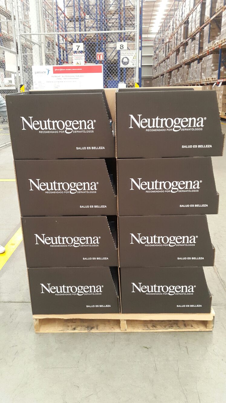 Pallets of Neutrogena Sun Care product in a distribution warehouse